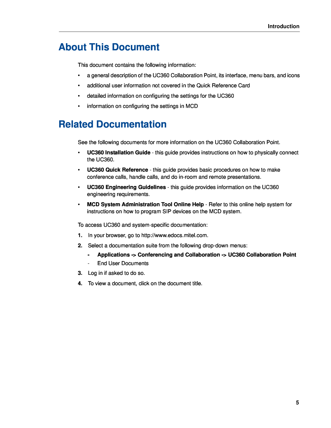 Mitel UC360 manual About This Document, Related Documentation, Introduction 
