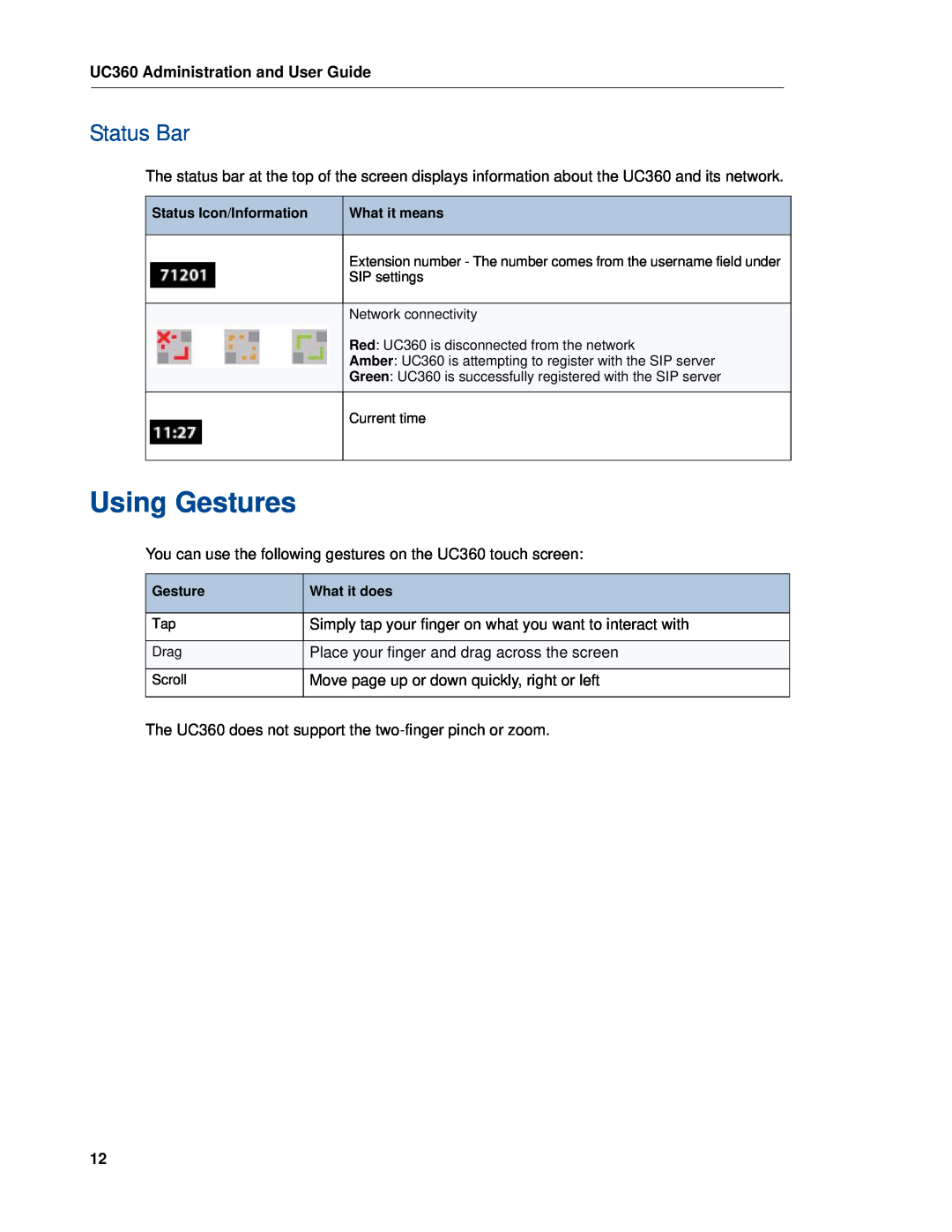 Mitel manual Using Gestures, Status Bar, UC360 Administration and User Guide 