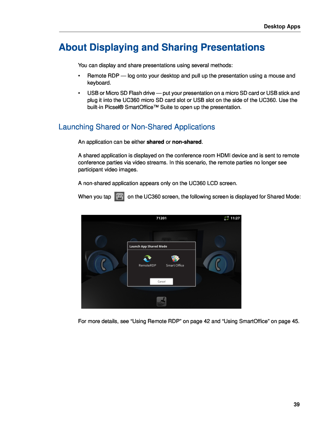 Mitel UC360 manual About Displaying and Sharing Presentations, Launching Shared or Non-Shared Applications, Desktop Apps 