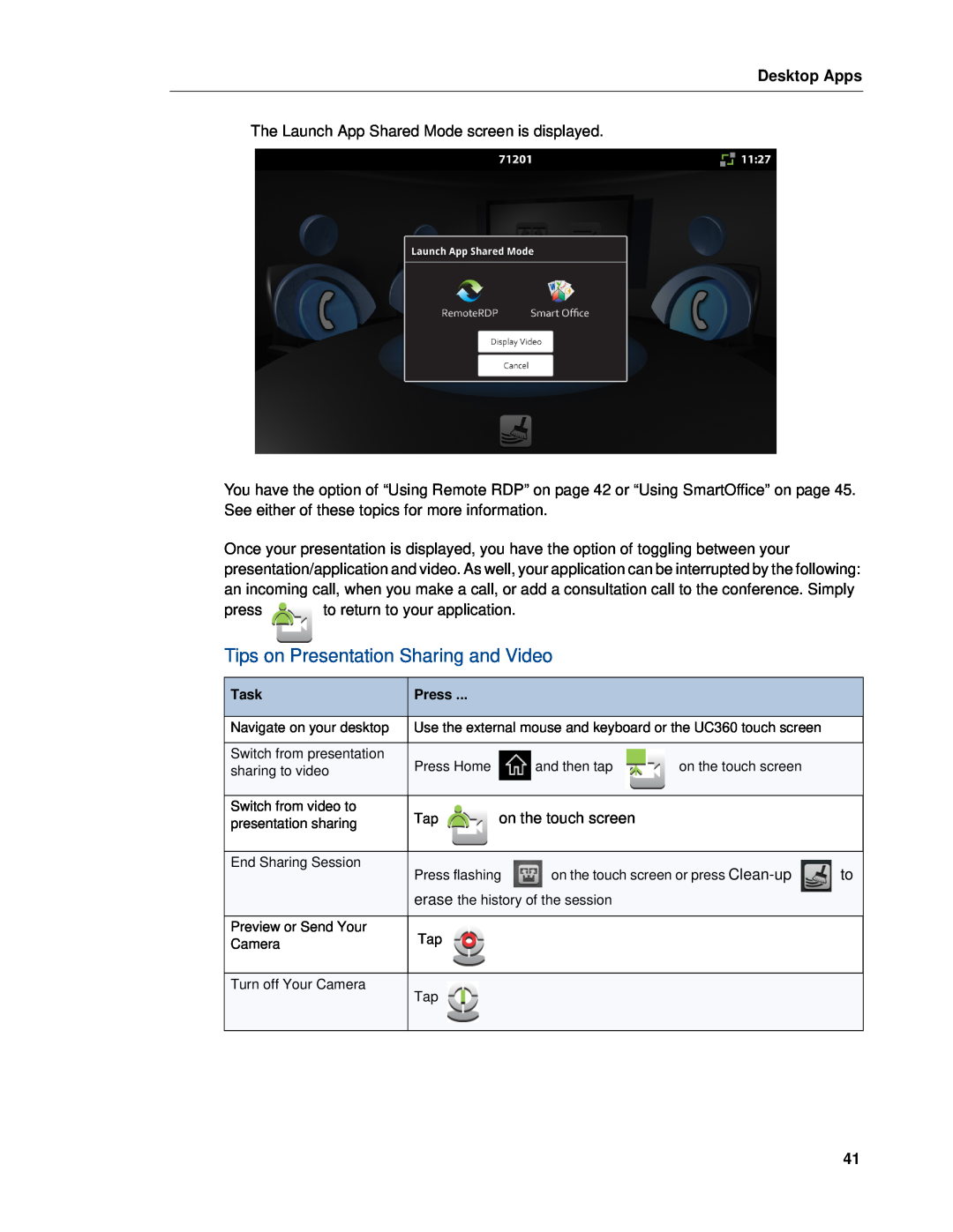 Mitel UC360 manual Tips on Presentation Sharing and Video, Desktop Apps 