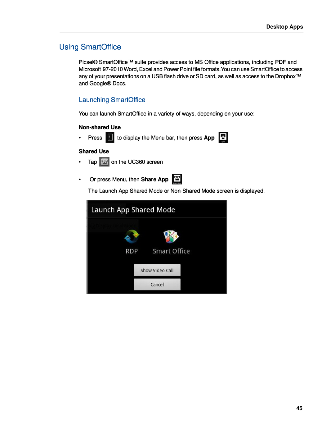 Mitel UC360 manual Using SmartOffice, Launching SmartOffice, Non-shared Use, Shared Use, Desktop Apps 