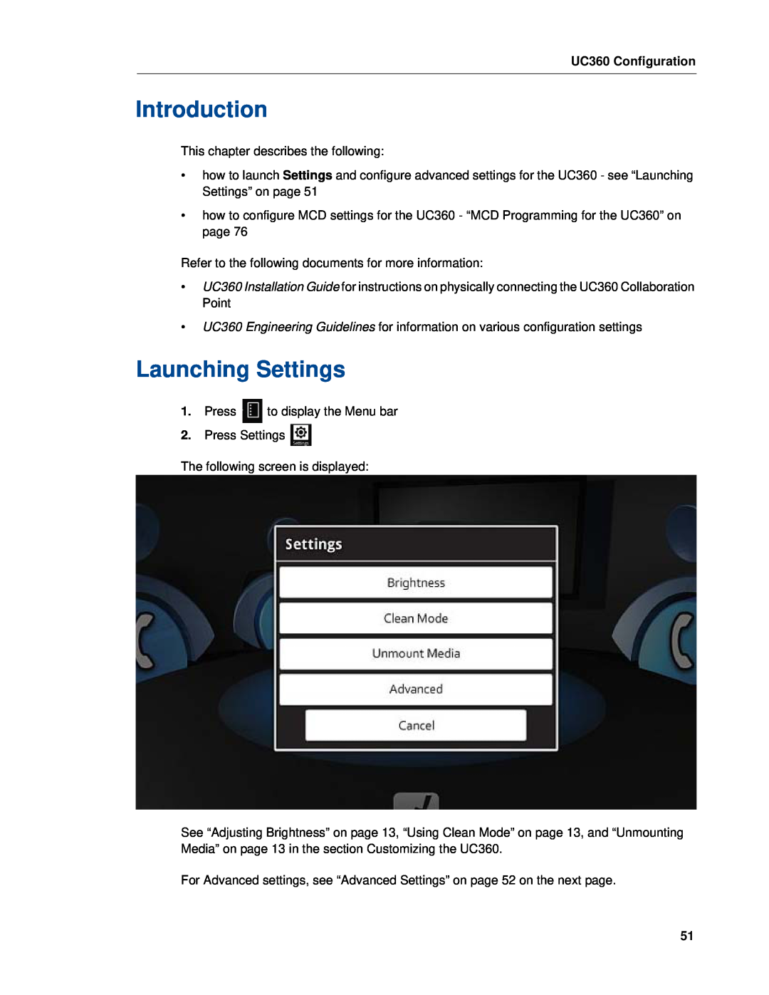 Mitel manual Launching Settings, UC360 Configuration, Introduction 
