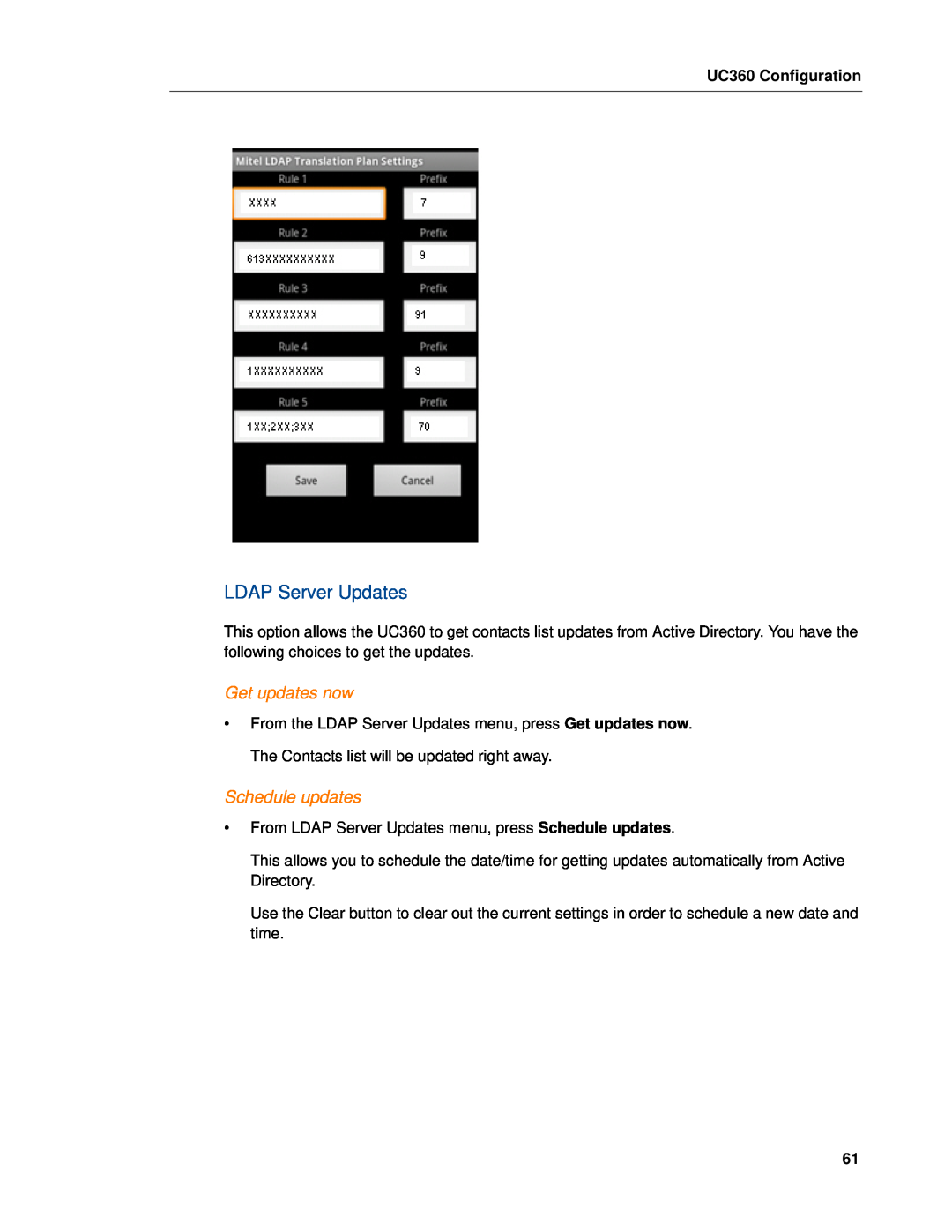 Mitel manual LDAP Server Updates, Get updates now, Schedule updates, UC360 Configuration 