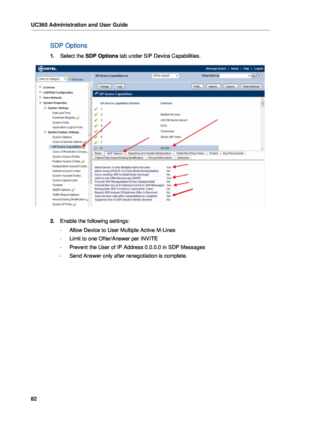 Mitel manual UC360 Administration and User Guide, Select the SDP Options tab under SIP Device Capabilities 