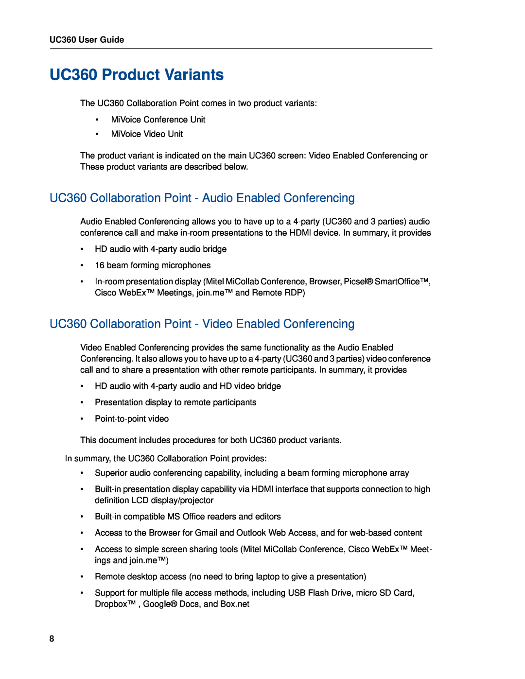 Mitel manual UC360 Product Variants, UC360 Collaboration Point - Audio Enabled Conferencing 