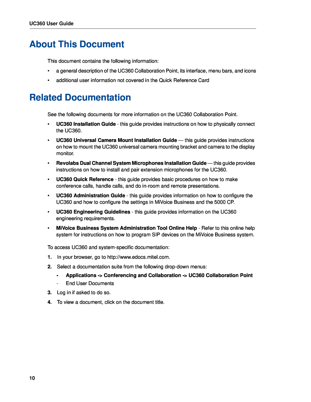 Mitel UC360 manual About This Document, Related Documentation 