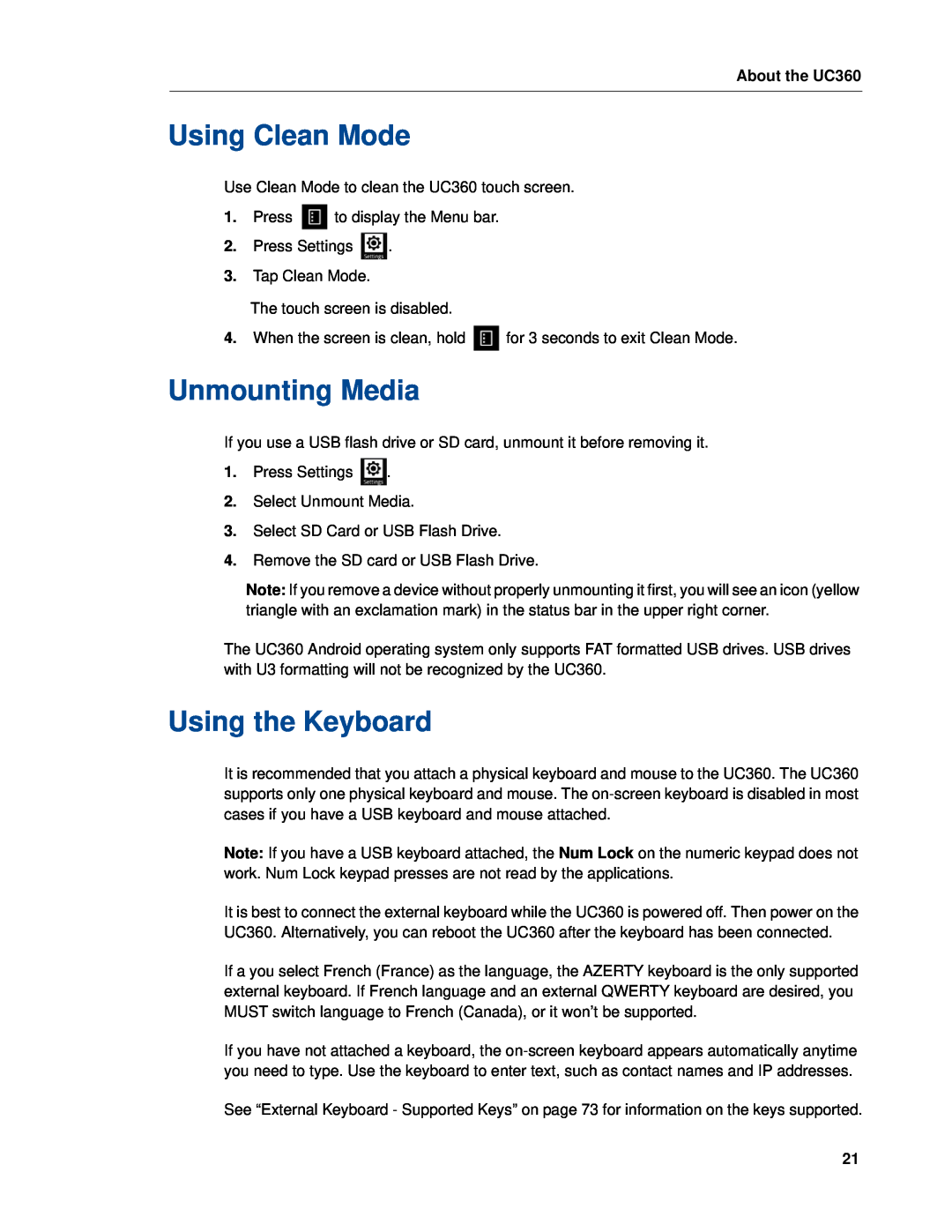 Mitel UC360 manual Using Clean Mode, Unmounting Media, Using the Keyboard 