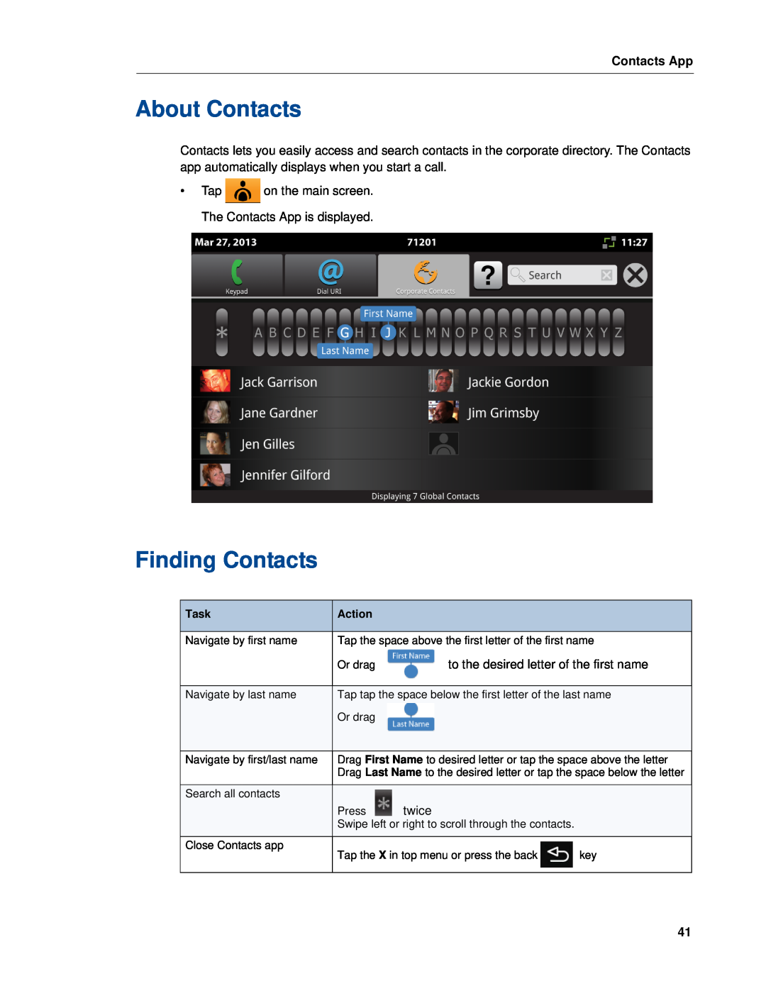 Mitel UC360 manual About Contacts, Finding Contacts, Contacts App 