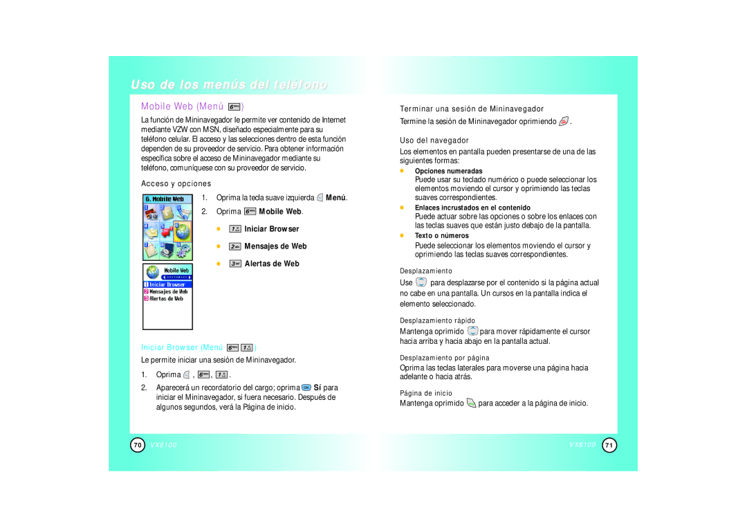 Mitel VX6100 manual Mobile Web Menú, Iniciar Browser Menú, Terminar una sesión de Mininavegador, Uso del navegador 