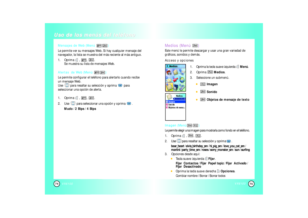 Mitel VX6100 manual Medios Menú, Mensajes de Web Menú, Alertas de Web Menú, Imagen Sonido Objetos de mensaje de texto 