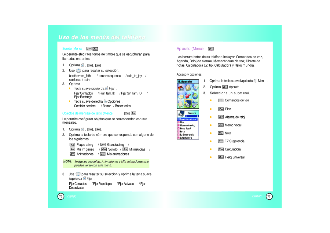 Mitel VX6100 manual Aparato Menú, Sonido Menú, Oprima Tecla suave izquierda Fijar, Objectos de mensaje de texto Menú 