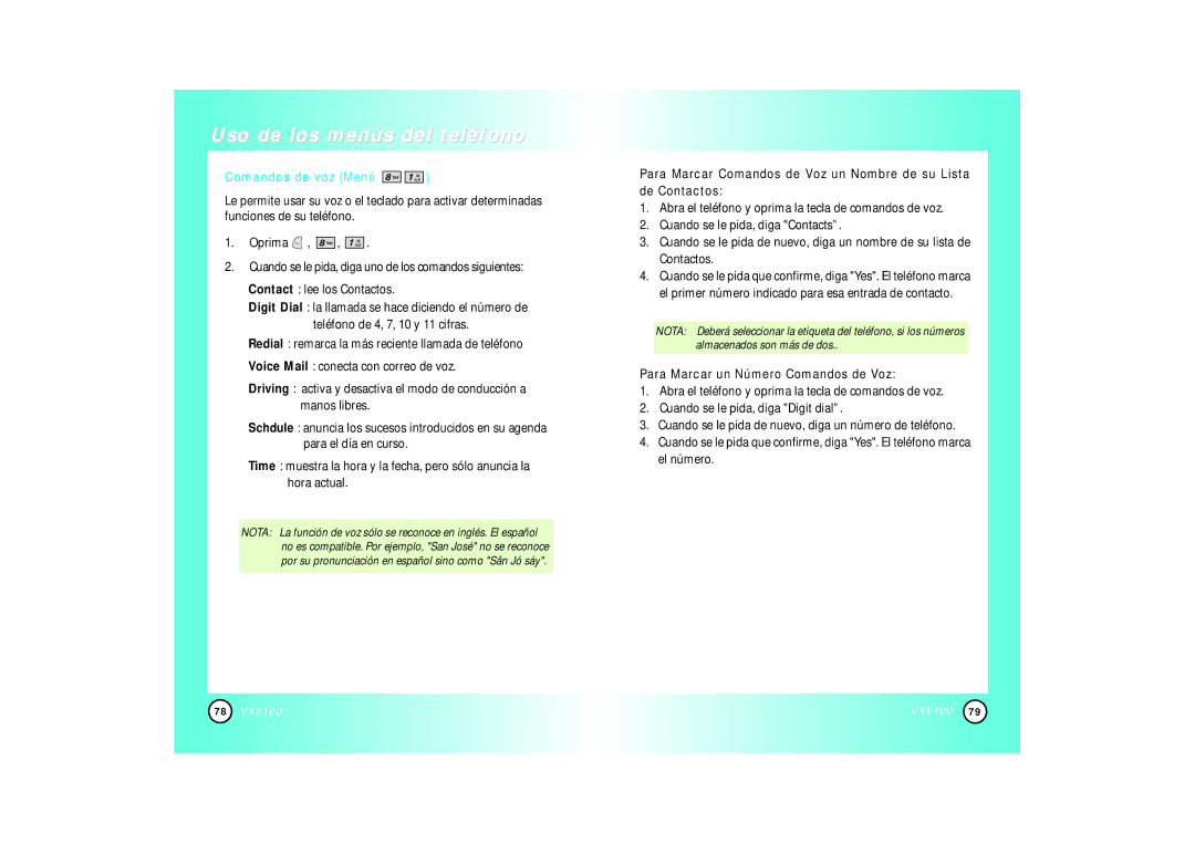 Mitel VX6100 manual Comandos de voz Menú, Para Marcar un Número Comandos de Voz 