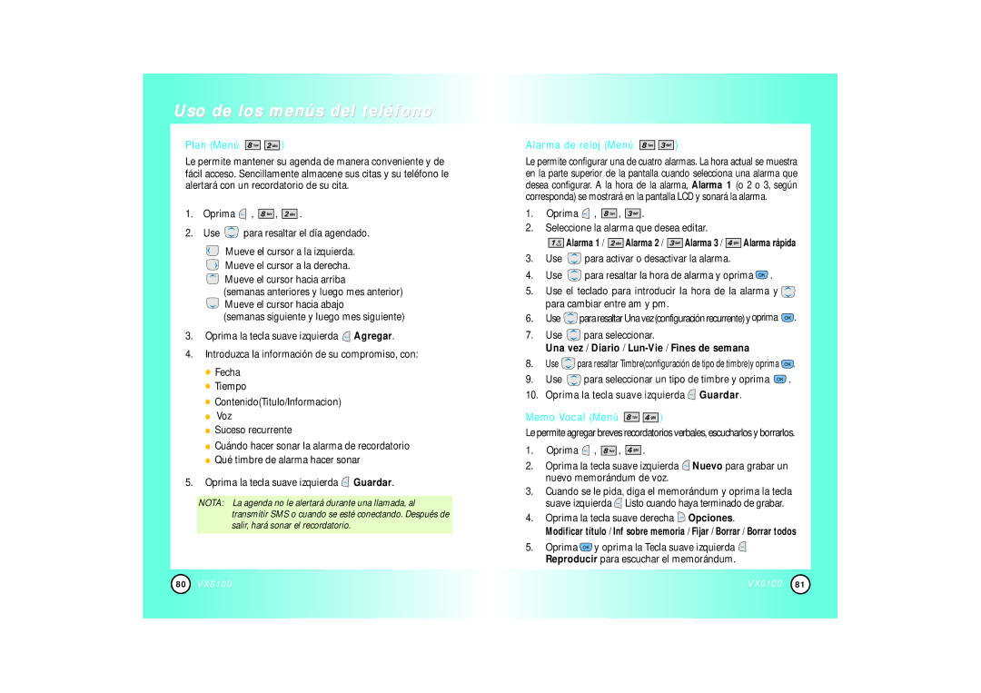 Mitel VX6100 manual Plan Menú, Alarma de reloj Menú, Oprima Seleccione la alarma que desea editar, Memo Vocal Menú 