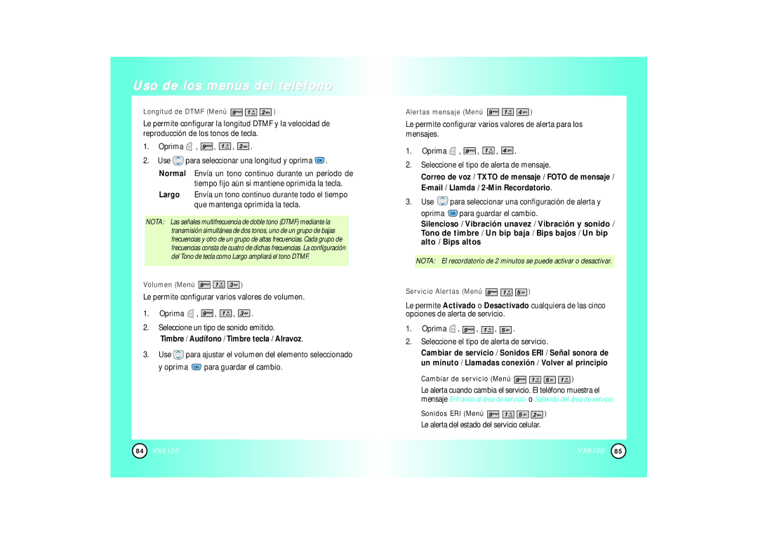 Mitel VX6100 manual Timbre / Audífono / Timbre tecla / Alravoz, Le alerta del estado del servicio celular, Sonidos ERI Menú 