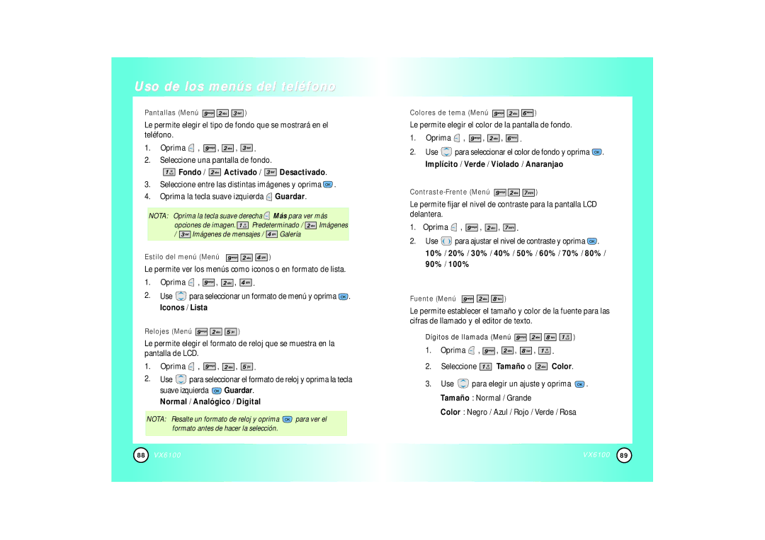 Mitel VX6100 manual Fondo / Activado / Desactivado, Normal / Analógico / Digital, Dígitos de llamada Menú 