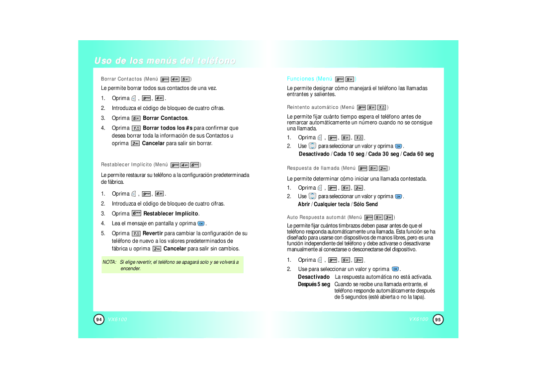 Mitel VX6100 Oprima Borrar Contactos, Oprima Cancelar para salir sin borrar, Oprima Restablecer Implícito, Funciones Menú 