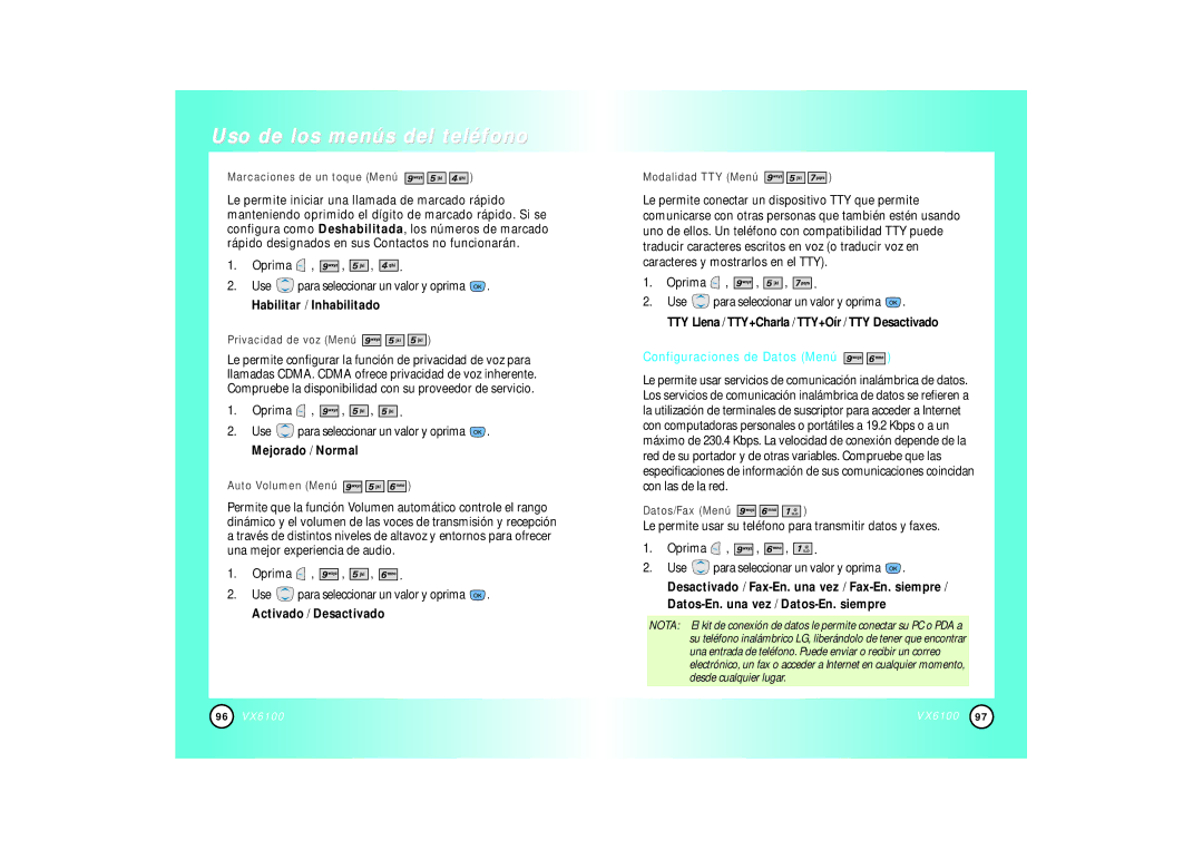 Mitel VX6100 manual TTY Llena / TTY+Charla / TTY+Oír / TTY Desactivado, Configuraciones de Datos Menú 