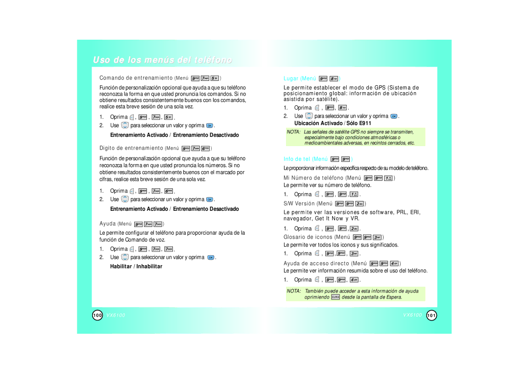 Mitel VX6100 manual Habilitar / Inhabilitar, Lugar Menú, Info de tel Menú, Le permite ver su número de teléfono Oprima 