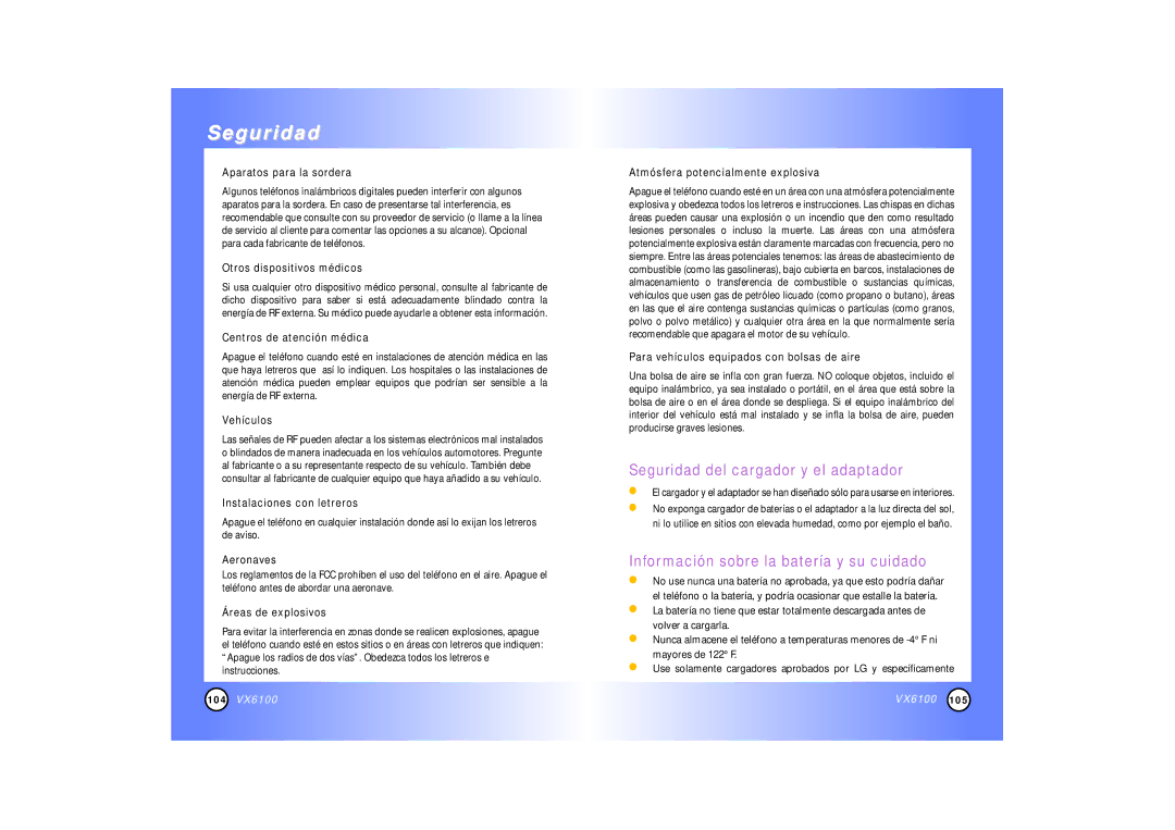 Mitel VX6100 manual Seguridad del cargador y el adaptador, Información sobre la batería y su cuidado 