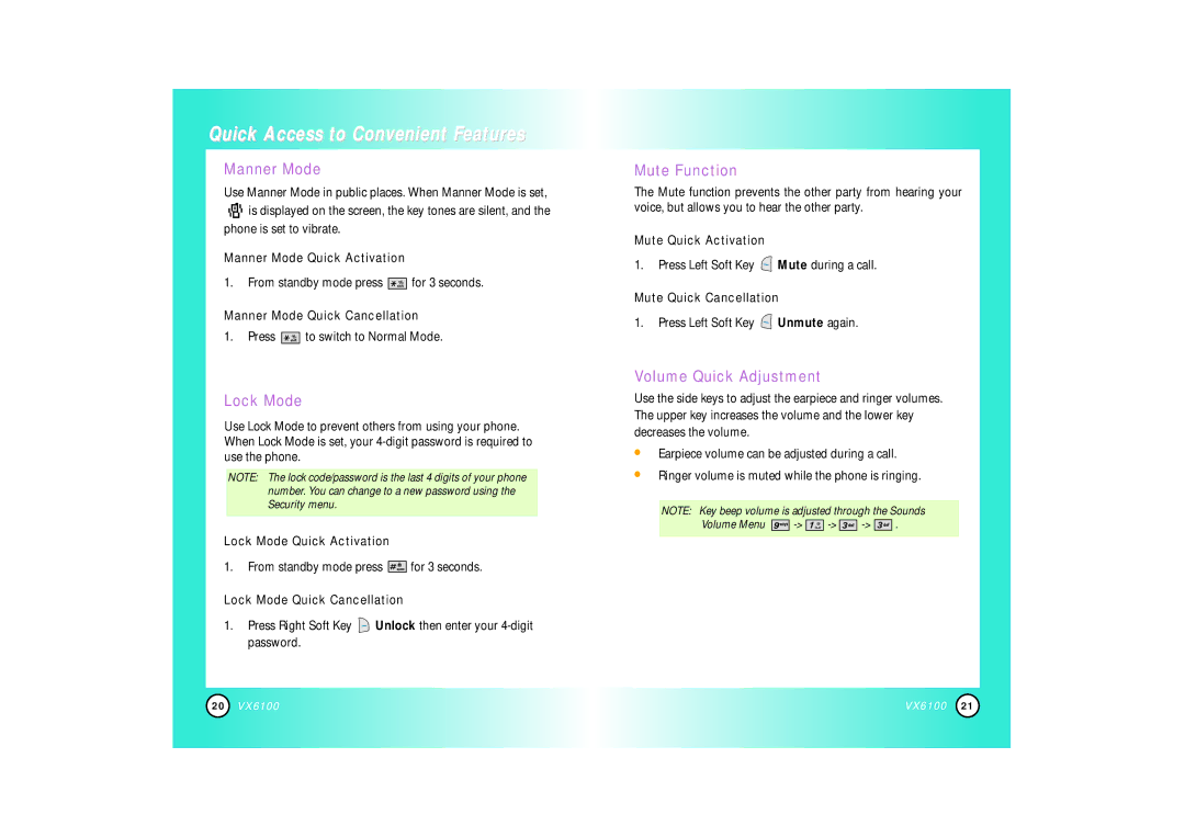 Mitel VX6100 manual Manner Mode, Lock Mode, Mute Function, Volume Quick Adjustment 