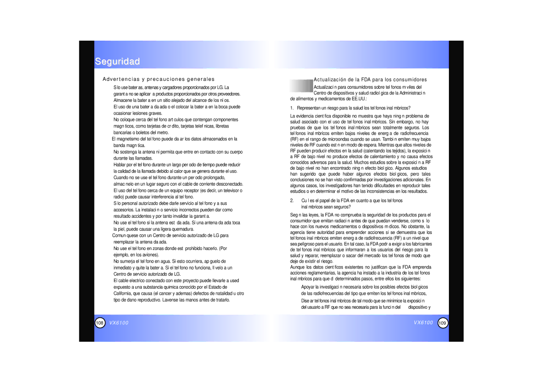 Mitel VX6100 manual Advertencias y precauciones generales, Actualización de la FDA para los consumidores 