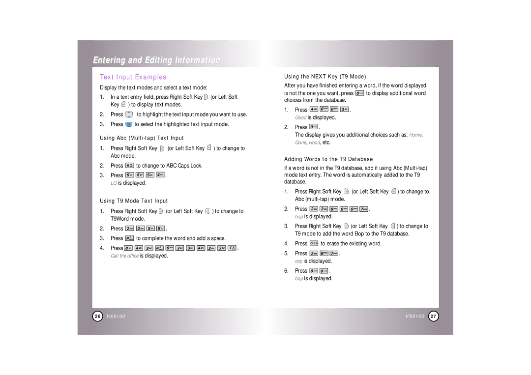 Mitel VX6100 Text Input Examples, Using Abc Multi-tap Text Input, Using T9 Mode Text Input, Using the Next Key T9 Mode 