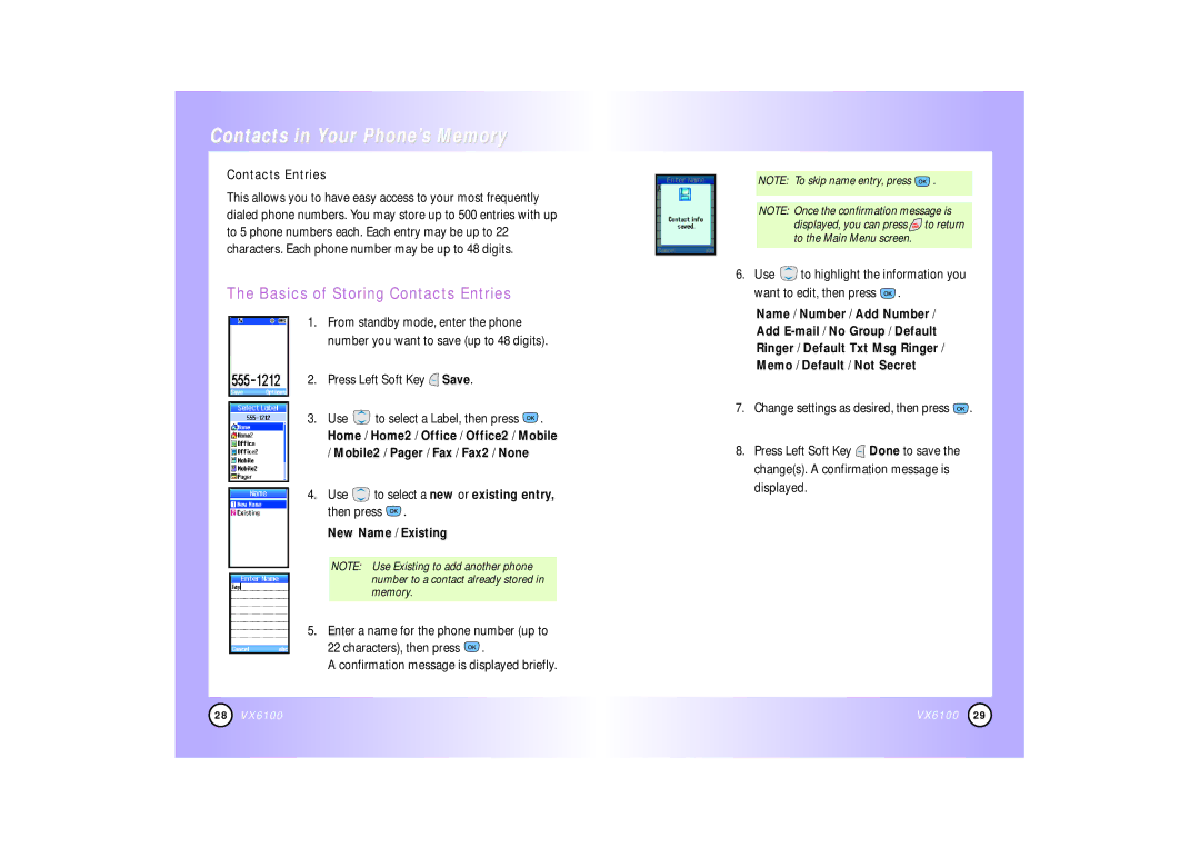 Mitel VX6100 manual Basics of Storing Contacts Entries, New Name / Existing 