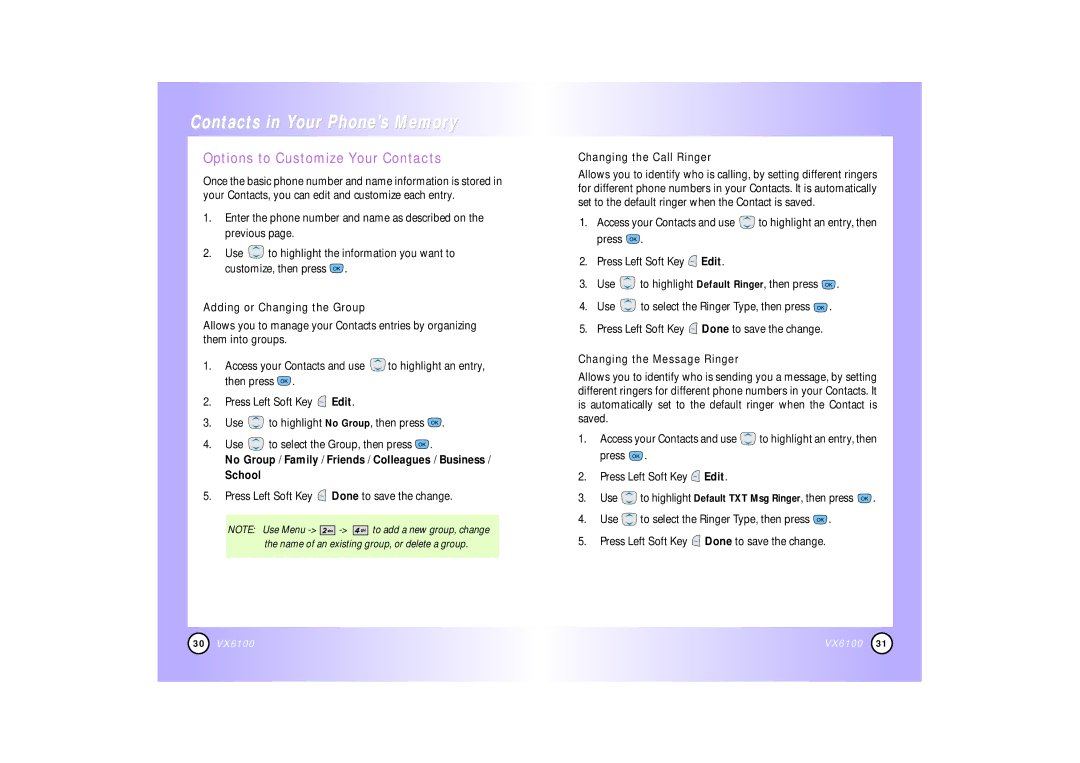 Mitel VX6100 manual Options to Customize Your Contacts, Adding or Changing the Group, Changing the Call Ringer 