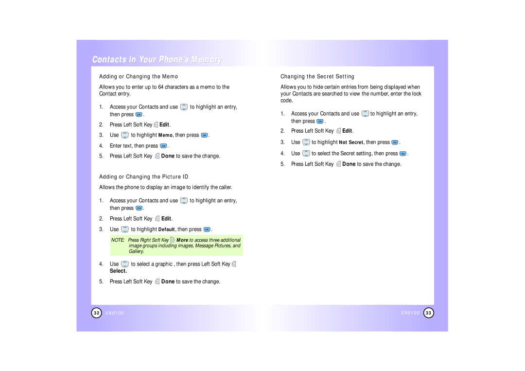 Mitel VX6100 manual Adding or Changing the Memo, Adding or Changing the Picture ID, Select, Changing the Secret Setting 