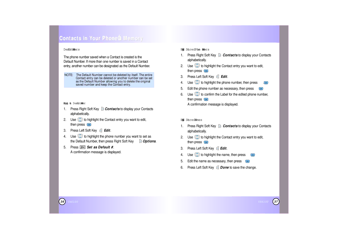 Mitel VX6100 manual Default Numbers, Press Set as Default #, Editing Stored Phone Numbers, Editing Stored Names 