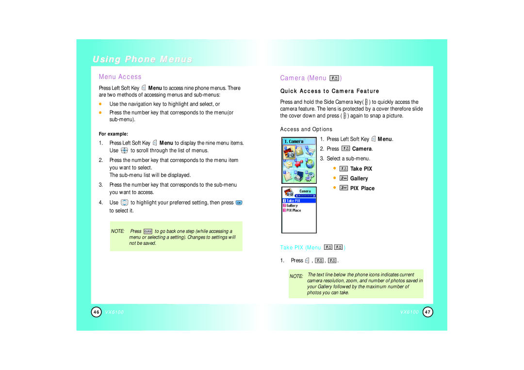 Mitel VX6100 manual Using Phone Menus, Menu Access, Camera Menu, Take PIX Menu 