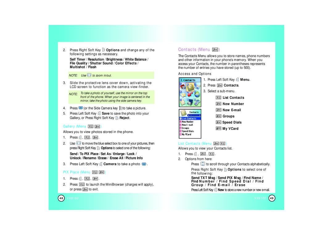 Mitel VX6100 manual Gallery Menu, PIX Place Menu, Press Contacts, List Contacts Menu 