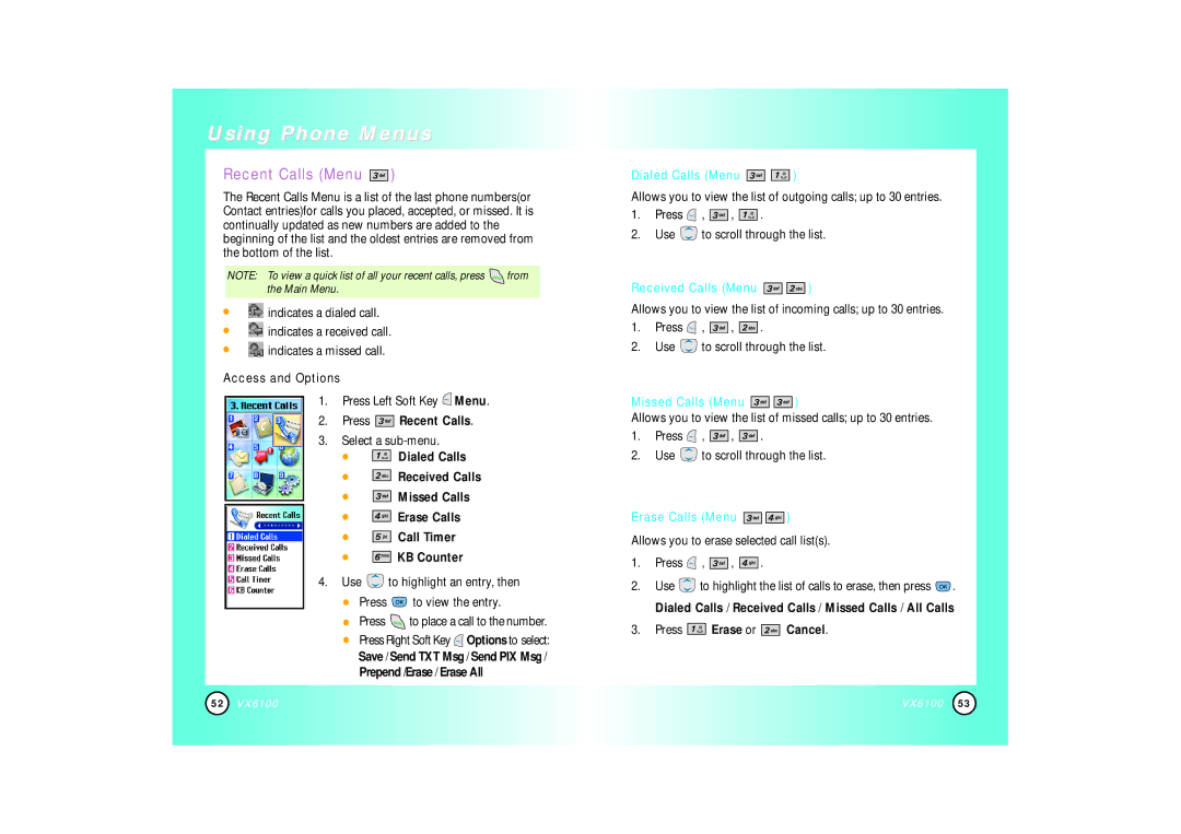 Mitel VX6100 manual Recent Calls Menu, Dialed Calls Menu, Received Calls Menu, Missed Calls Menu, Erase Calls Menu 