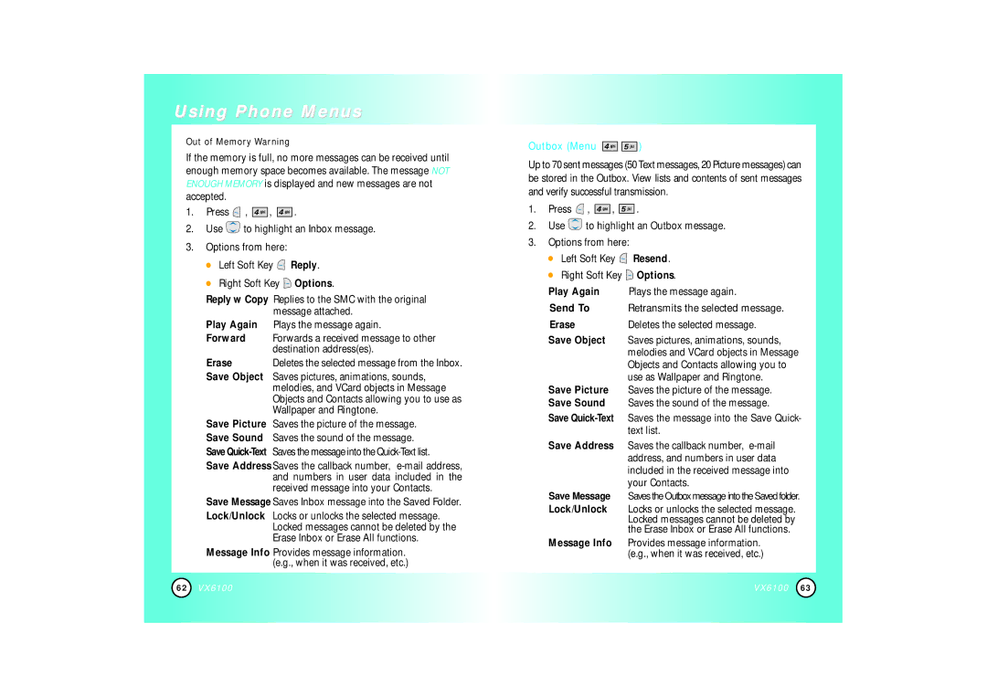 Mitel VX6100 manual Outbox Menu 