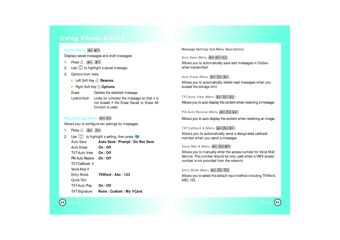 Mitel VX6100 manual Saved Menu, Msg Settings Menu 