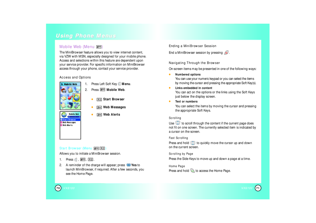 Mitel VX6100 manual Mobile Web Menu, Press Mobile Web Start Browser Web Messages Web Alerts, Start Browser Menu 