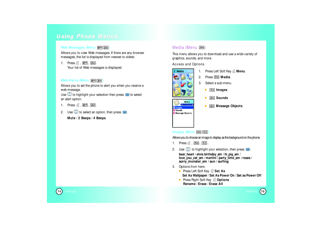 Mitel VX6100 manual Media Menu, Web Messages Menu, Web Alerts Menu, Images Menu 