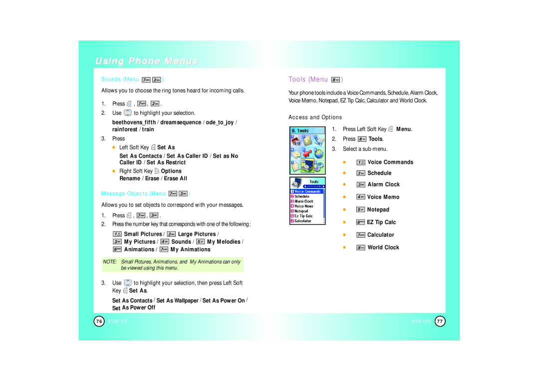 Mitel VX6100 manual Tools Menu, Sounds Menu, Right Soft Key Options Rename / Erase / Erase All, Message Objects Menu 
