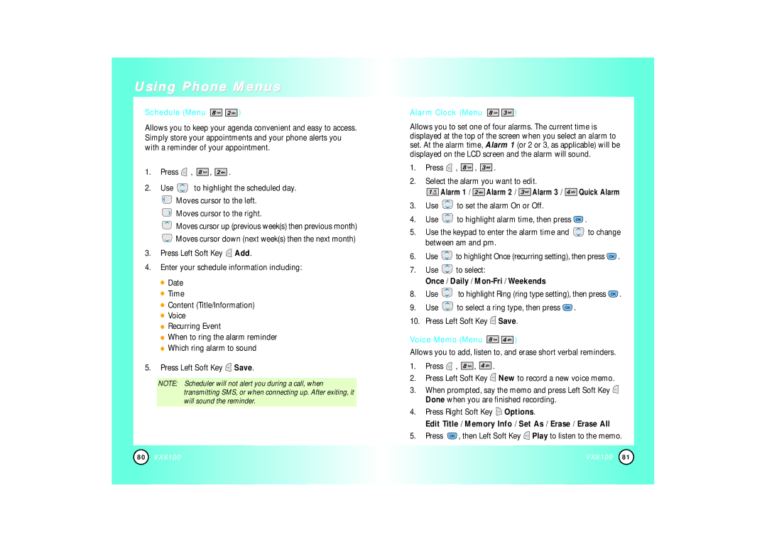 Mitel VX6100 manual Schedule Menu, Alarm Clock Menu, Once / Daily / Mon-Fri /Weekends, Voice Memo Menu 