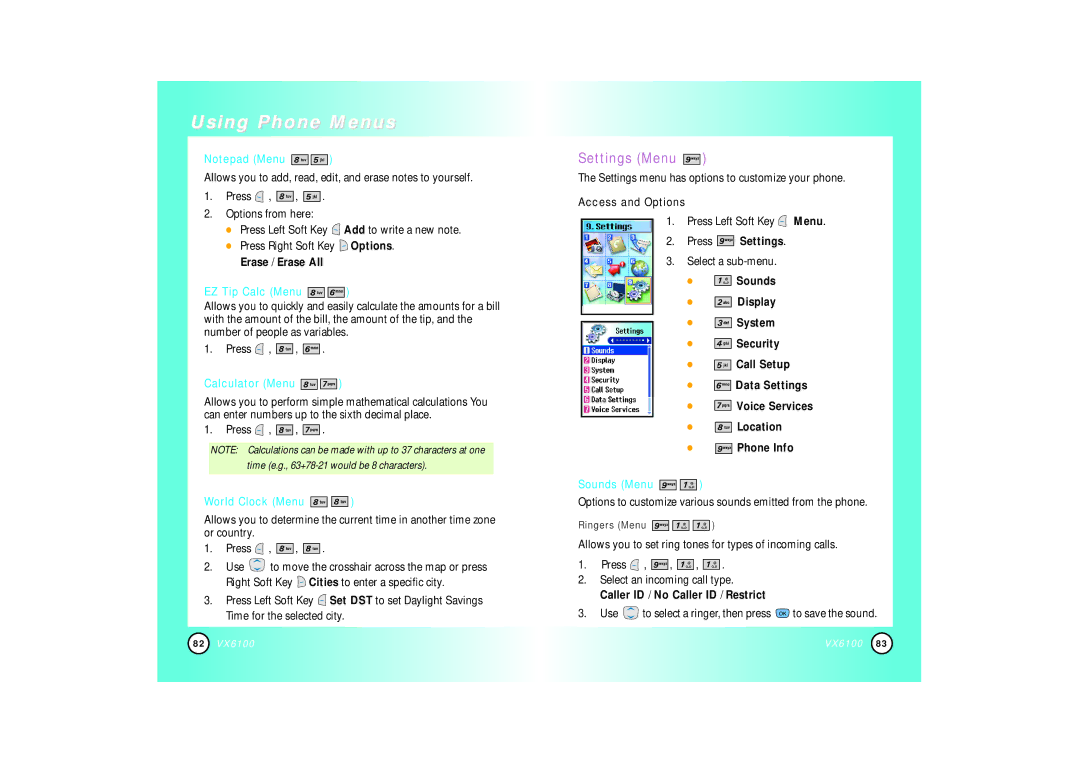 Mitel VX6100 manual Settings Menu, EZ Tip Calc Menu, Calculator Menu, World Clock Menu, Press Settings 