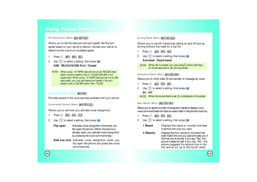 Mitel VX6100 manual Voice Services Menu, On / Off 