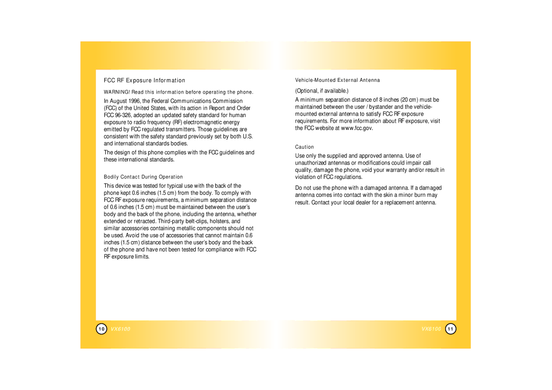 Mitel VX6100 manual FCC RF Exposure Information, Bodily Contact During Operation, Vehicle-Mounted External Antenna 