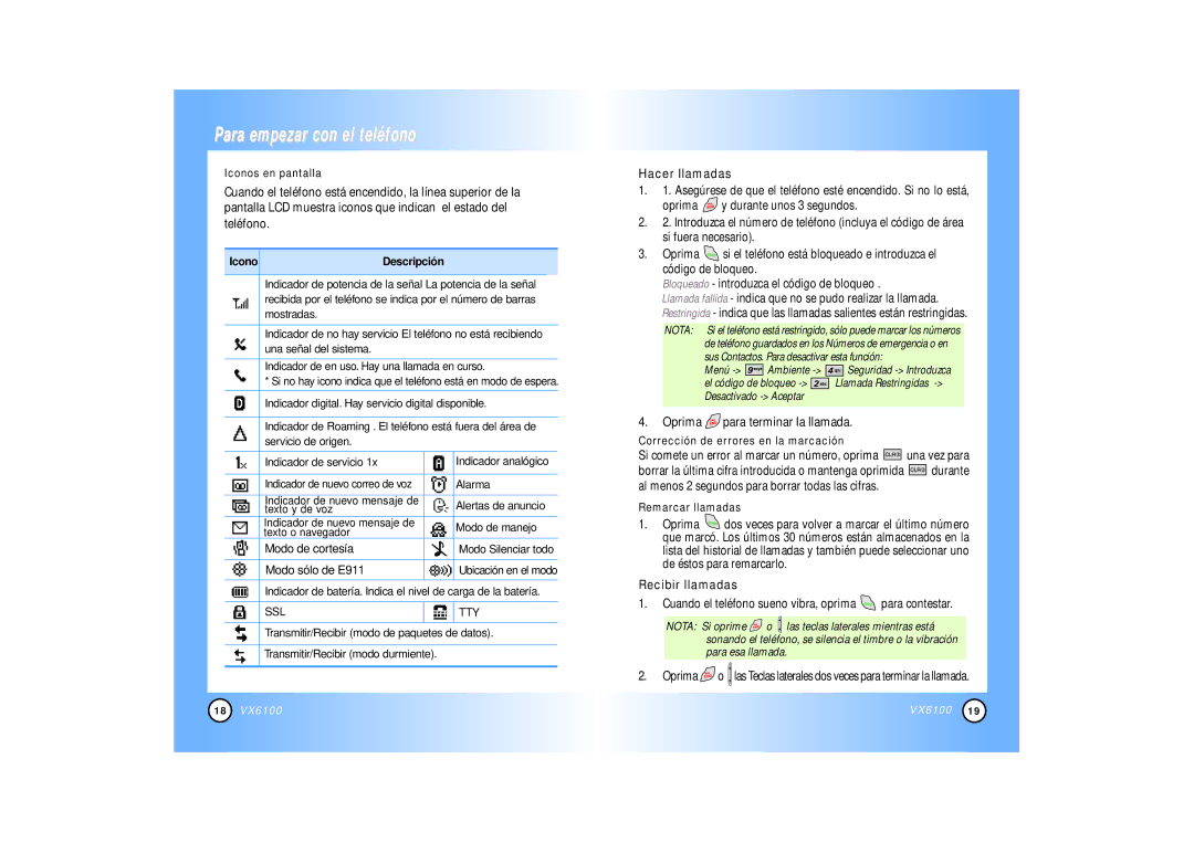 Mitel VX6100 Oprima para terminar la llamada, Recibir llamadas, Iconos en pantalla, Corrección de errores en la marcación 