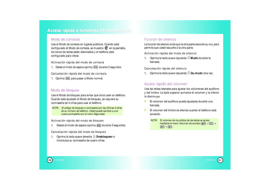 Mitel VX6100 manual Modo de cortesía, Modo de bloqueo, Función de silencio, Ajuste rápido del volumen 