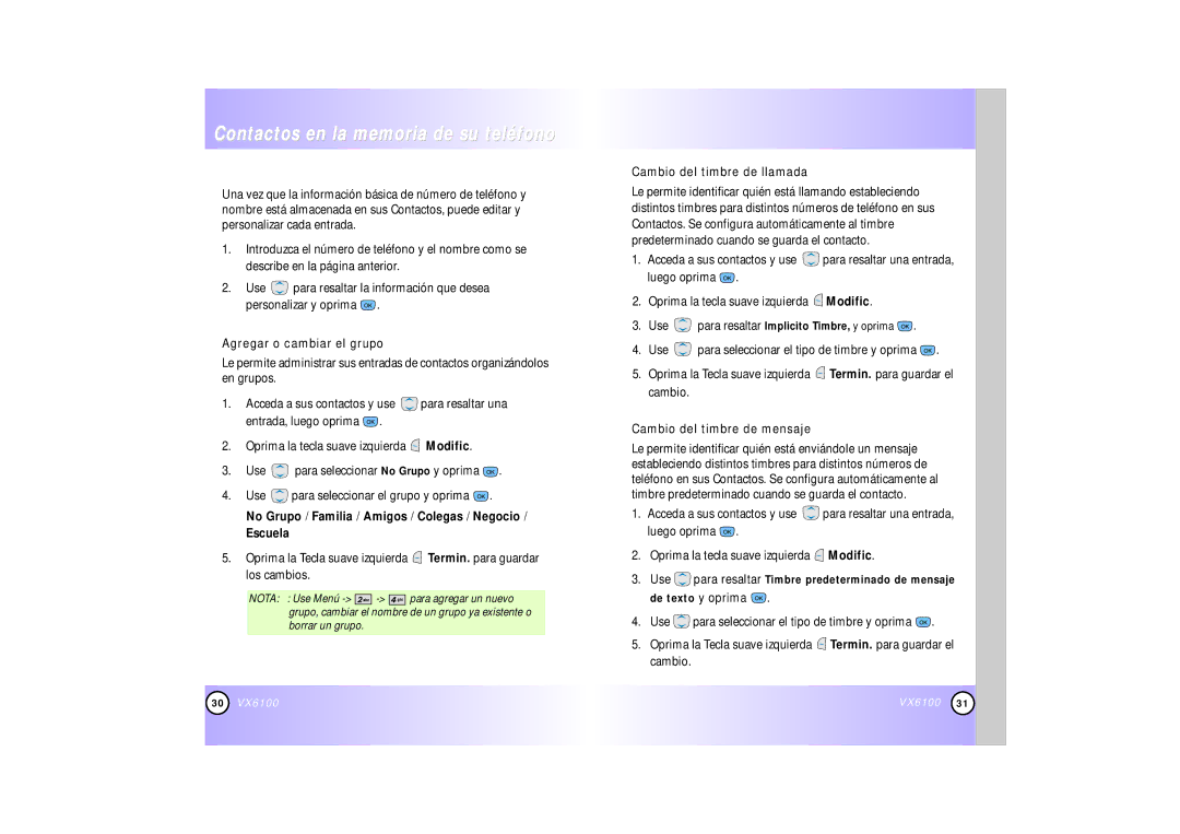 Mitel VX6100 manual Opciones para personalizar sus contactos, Agregar o cambiar el grupo, Cambio del timbre de llamada 