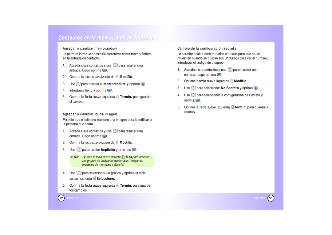 Mitel VX6100 manual Agregar o cambiar memorándum, Agregar o cambiar Id. de imagen, Cambio de la configuración secreta 