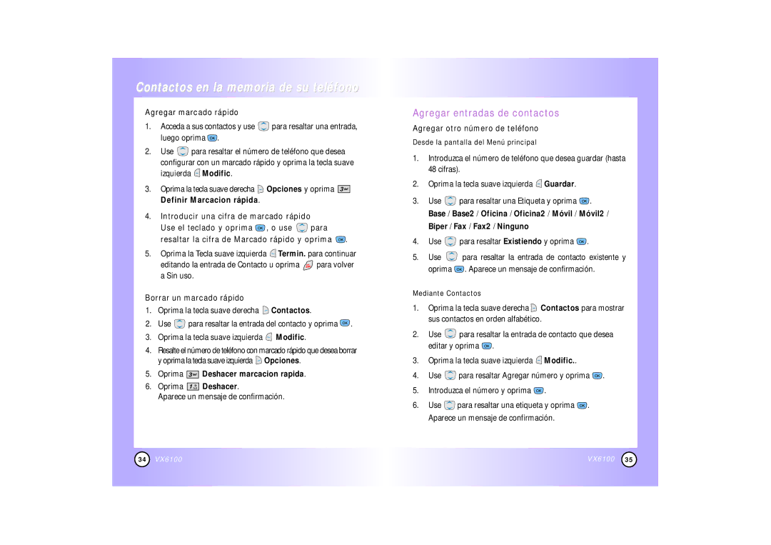 Mitel VX6100 manual Agregar entradas de contactos, Agregar marcado rápido, Borrar un marcado rápido 