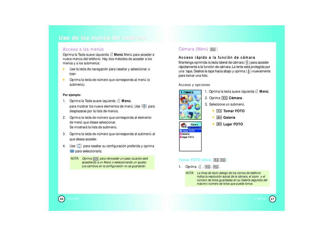 Mitel VX6100 manual Acceso a los menús, Cámara Menú, Acceso rápido a la función de cámara, Acceso y opciones 