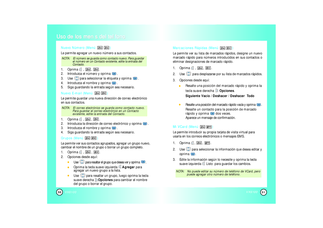 Mitel VX6100 manual Nuevo Número Menú, Nuevo E-mail Menú, Grupos Menú, Marcaciones Rápidas Menú, Mi VCard Menú 