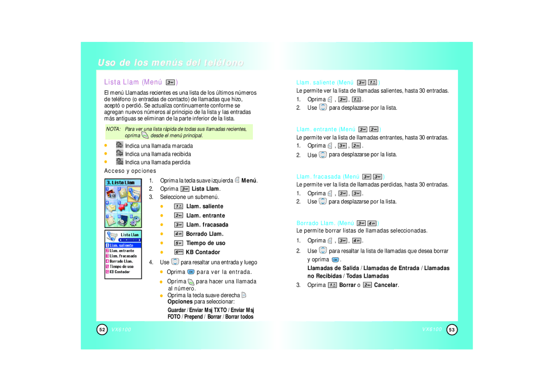 Mitel VX6100 manual Lista Llam Menú, Llam. saliente Menú, Llam. entrante Menú, Llam. fracasada Menú, Borrado Llam. Menú 